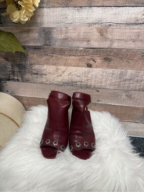 Coach Burgundy Peep-Toe Ankle Booties with Metal Eyelet Detail